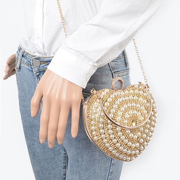 Elegant Gold Rhinestone & Pearl Accent Heart Shape Box Clutch - Picture 6 of 7